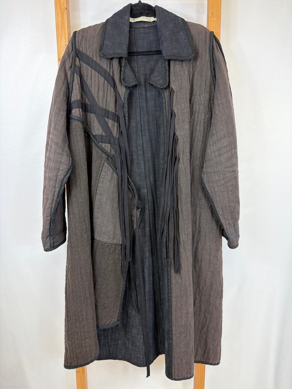 Cynthia Ashby Brown/Black Asymmetrical Linen Blend Long Jacket Tie Front Size